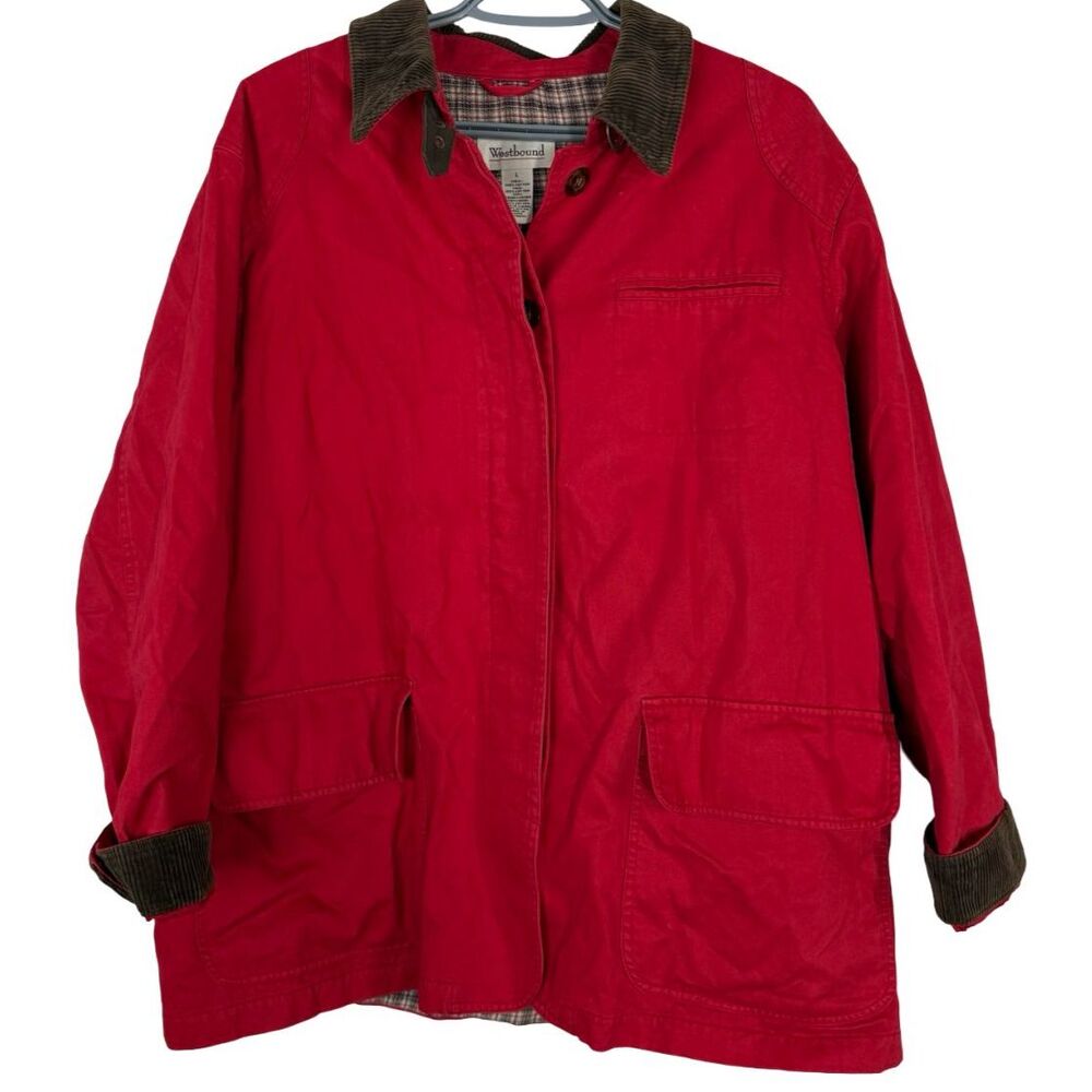Vtg Westbound Red Chore Barn Coat Sz L Contrasting Collar Flannel Lined Vintage